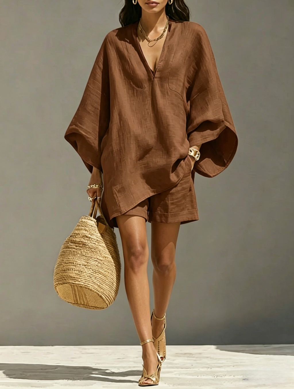Design Batwing-sleeve V-neck Loose-fit Set