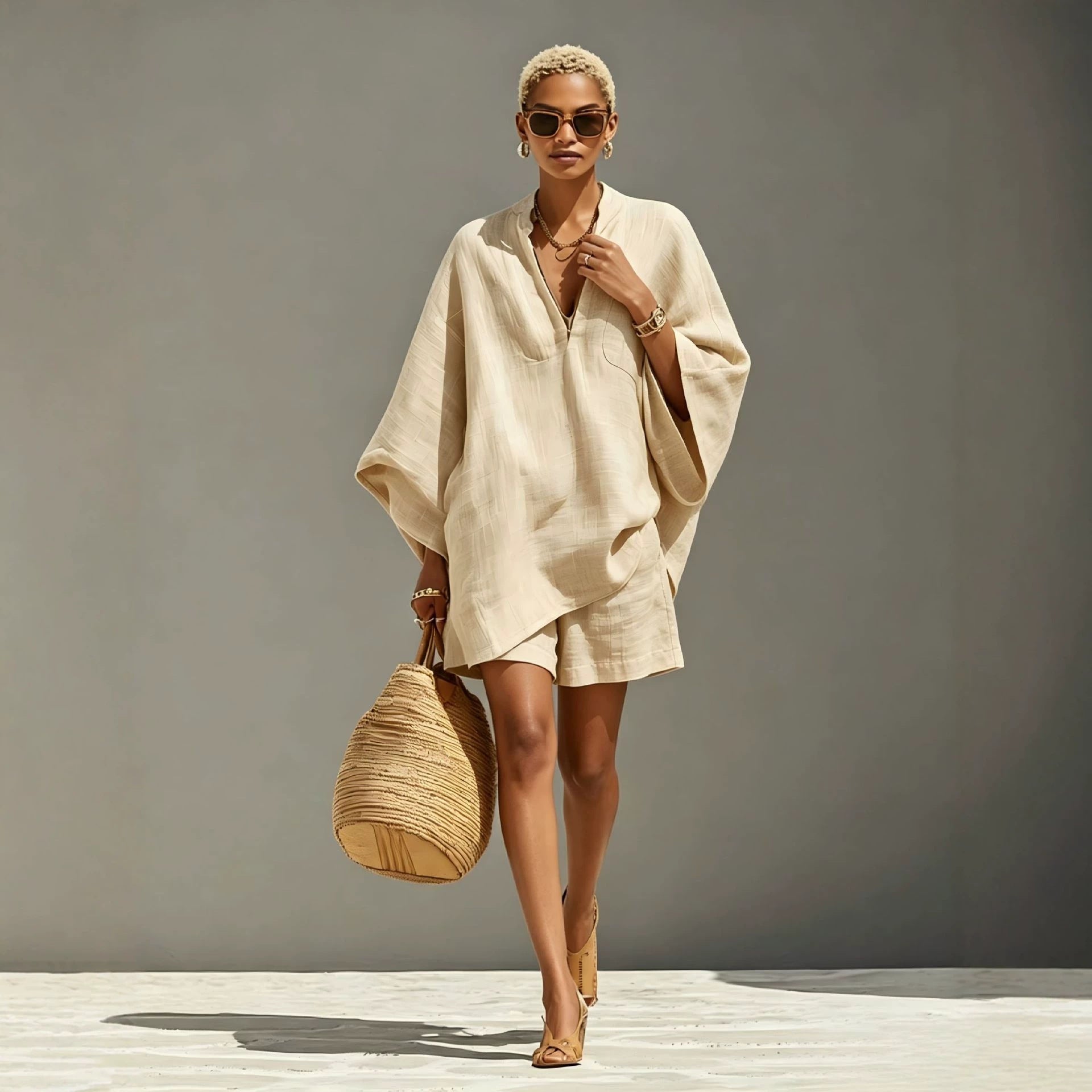 Design Batwing-sleeve V-neck Loose-fit Set
