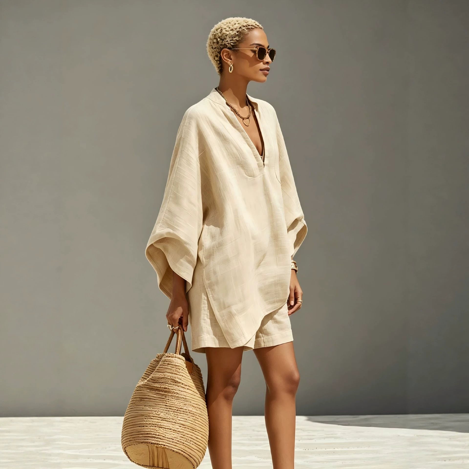 Design Batwing-sleeve V-neck Loose-fit Set